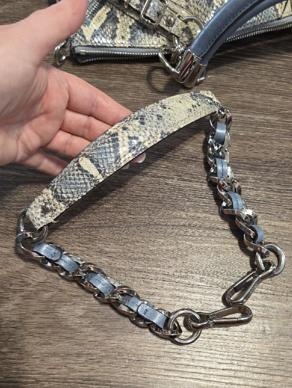 Coach Blue and Cream Snake-Print Leather Satchel with Silver Hardware - Picture 8 of 11